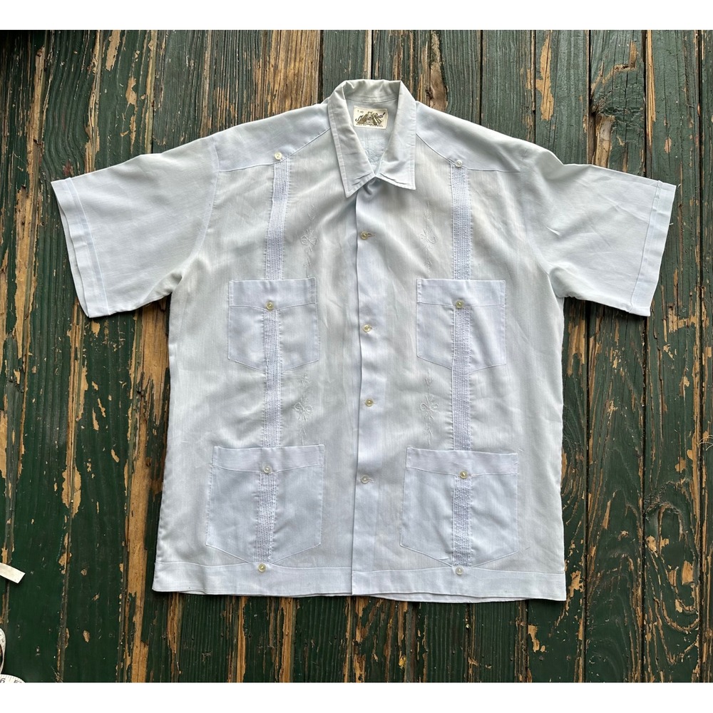 Maya Real Vintage Guayabera Shirt Mens 40 Blue Short Sleeve Mexican Wedding L